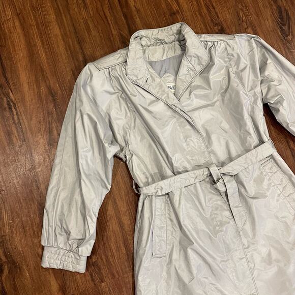 Vintage 80s Changing Scene Silver Nylon Raincoat Belted Trench Coat 12 L Large - Picture 8 of 13